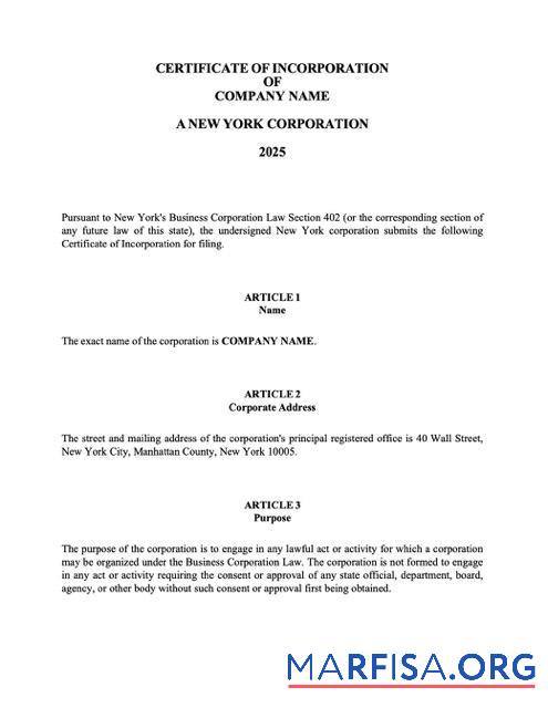 Printable USA New York certificate of incorporation Word and PDF template, version 2